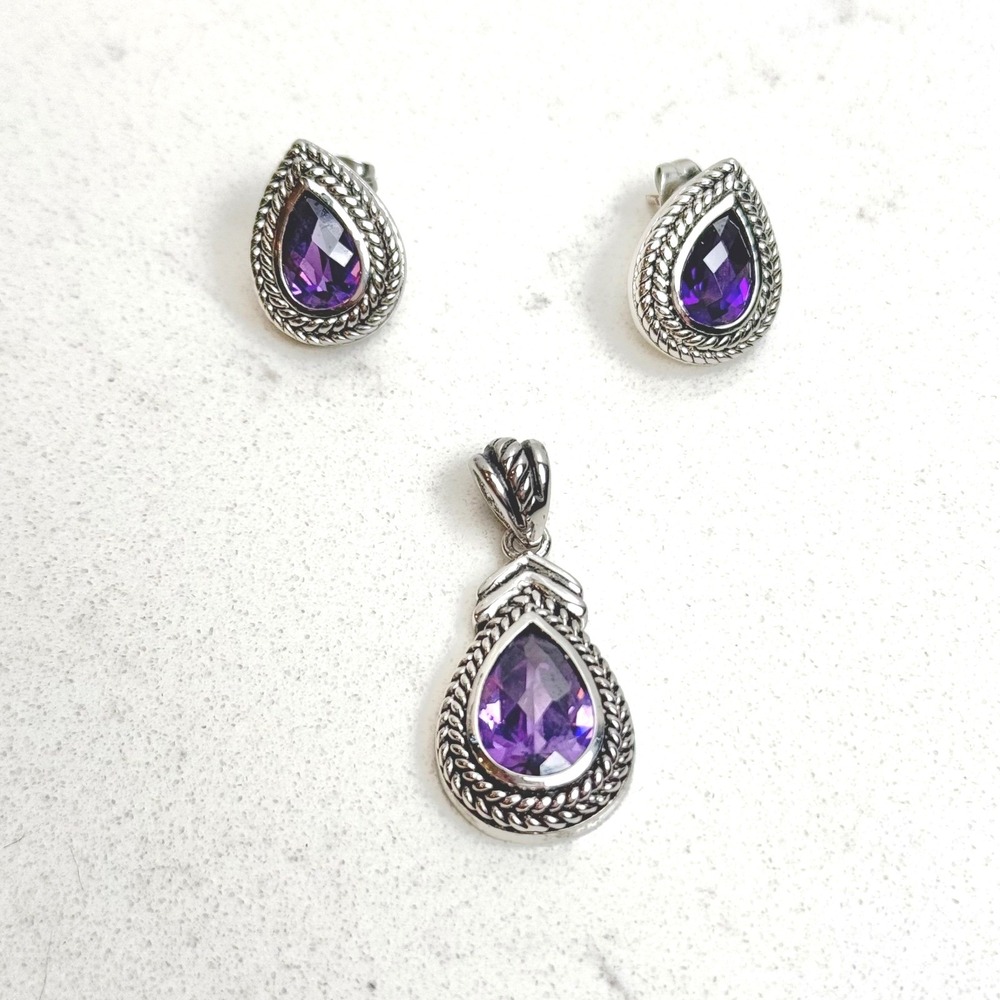 Amethyst Sterling Silver Pendant‎ and Earrings Set Jewelry 925